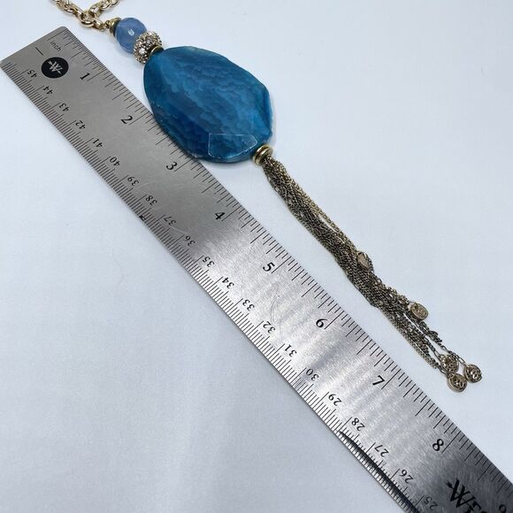 Sequin Blue Agate Stone Tassel Corded Necklace Gold Tone Boho Statement Chunky - Picture 8 of 8